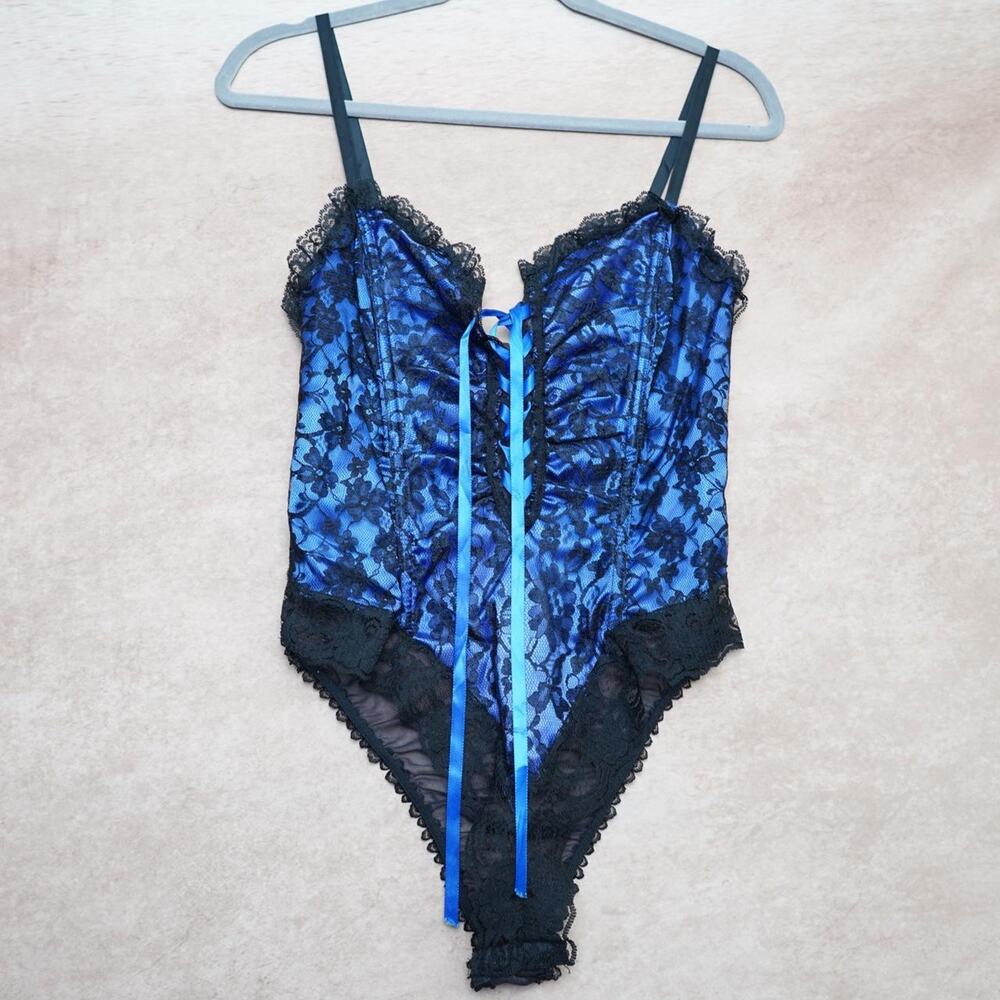 Duet Ltd Blue Black Lace Corset Bodysuit M